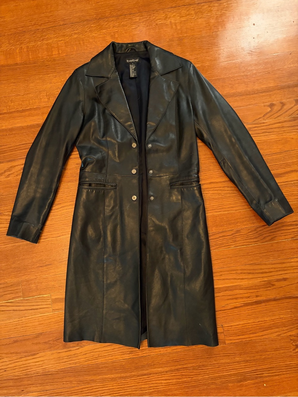 bebe Black Leather Trench Coat with Notch Lapel